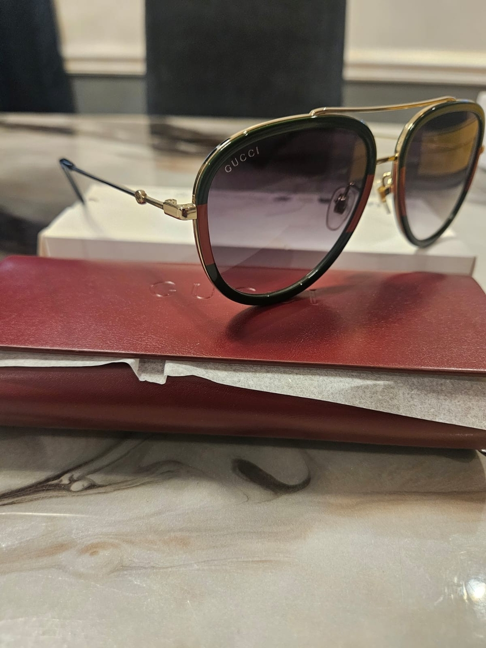 Gucci Gold-Tone Aviator Sunglasses with Green and Black Rim